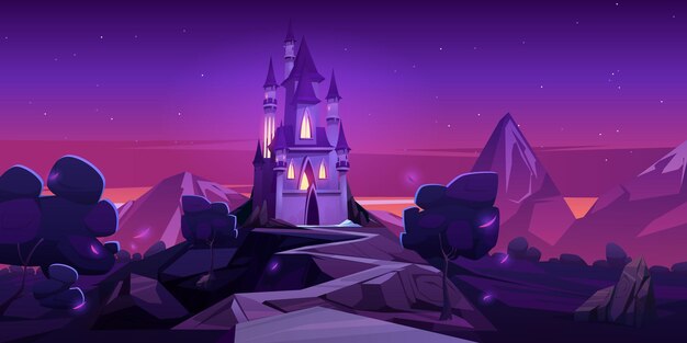 Сказочный замок в горах ночью