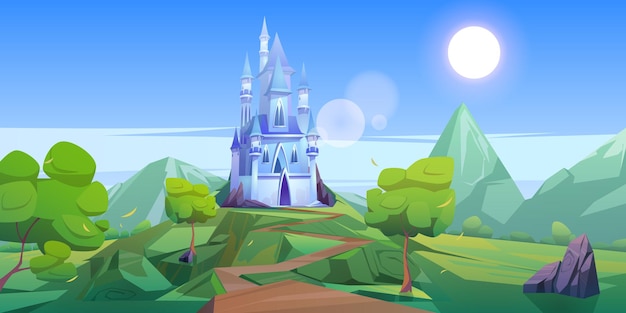 Сказочный замок в горах. Векторный мультфильм пейзаж сказочного королевства со скалами