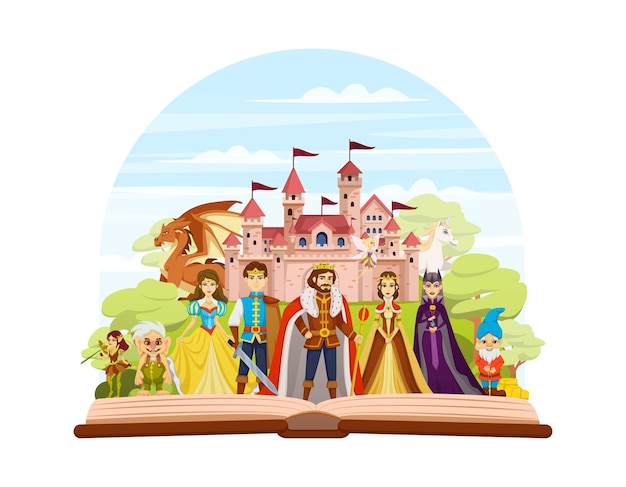 Fairy Tale Characters Cartoon and Colored Composition with an Abstract Scene