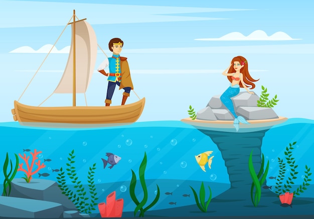 Vettore gratuito personaggi delle fiabe composizione di cartoni animati una scena da cartone animato con il principe e l'illustrazione della sirena