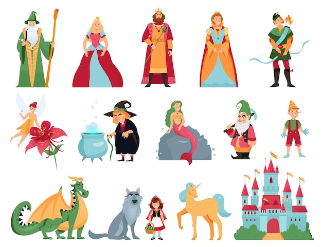 Free vector fairy tale characters cartoon set of mermaid thumbelina dragon unicorn pinocchio little red riding hood with wolf isolated vector illustration