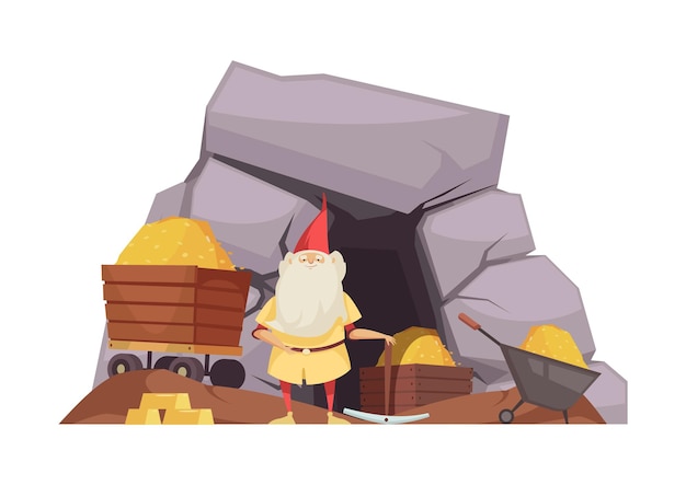 Free vector fairy tale composition with character of dwarf near mine entrance and minecart full of gold vector illustration