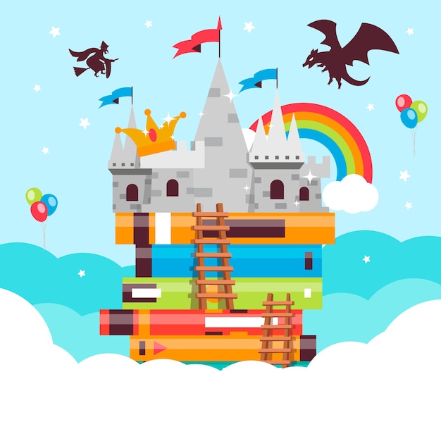 Free vector fairy tale concept with dragon and rainbow over castle