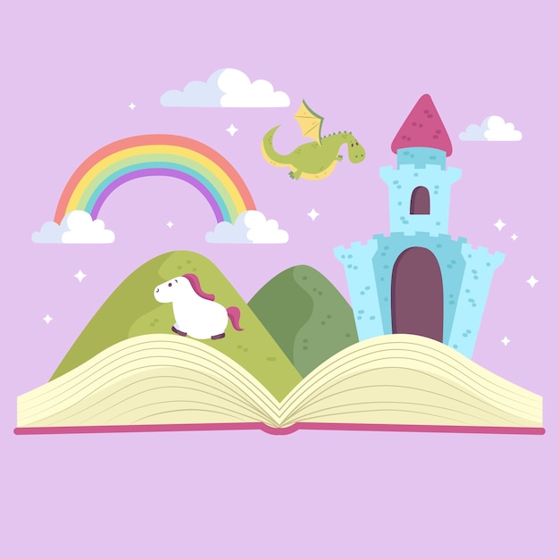 Free vector fairy tale concept with open book and castle