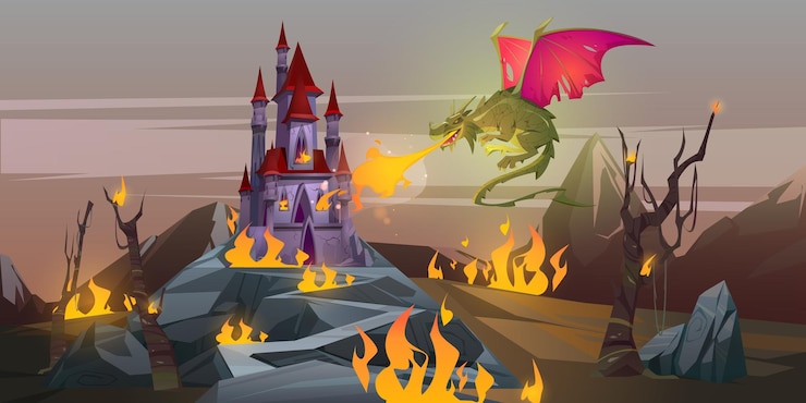 無料Vector おとぎ話の火を吐くドラゴンが山の谷の魔法の城を攻撃します。