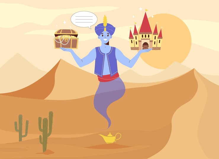 मुफ़्त वेक्टर fairy tale flat composition with desert scenery and flying jinn character holding treasures with thought bubble vector illustration