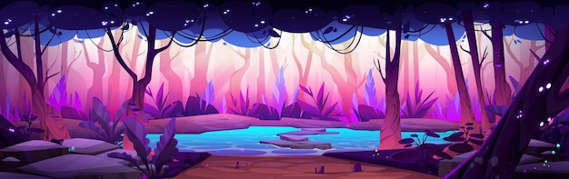 Free vector fairy tale forest landscape with lake vector cartoon illustration of beautiful scenery with blue water stream surrounded by old trees bushes and stones neon white fireflies glowing in branches
