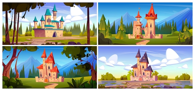 Fairy tale medieval castle cartoon background set