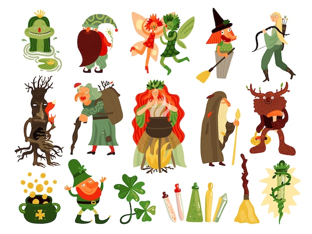 Free vector fairy tale set of mythology and folklore  cartoon characters living in forest