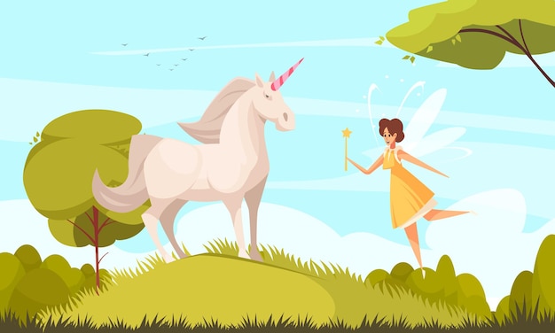 Fairy tale with unicorn and flying fairy flat illustration