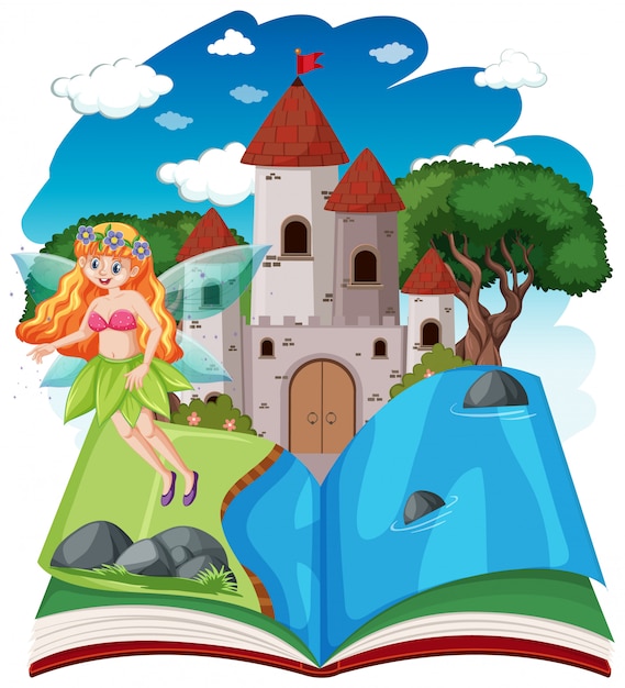 Free vector fairy tales and castle tower on pop up book cartoon style on white background