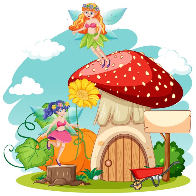 Fairy tales and mushroom house cartoon style on white background