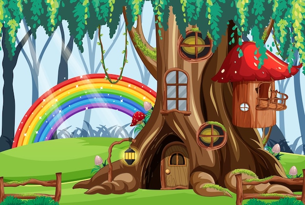 虹の森の妖精の木の家 Premiumベクター