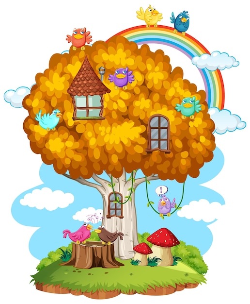 Vettore gratuito fata casa sull'albero con molti uccelli