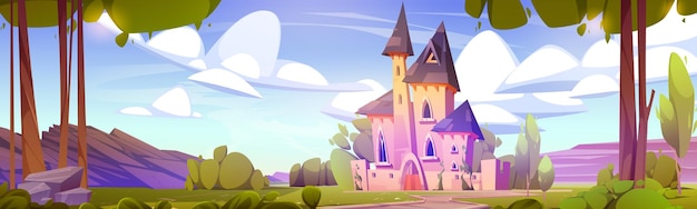 Free vector fairytale castle on rocky mountain landscape