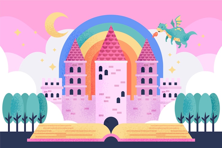 Free Vector fairytale castle with dragon concept