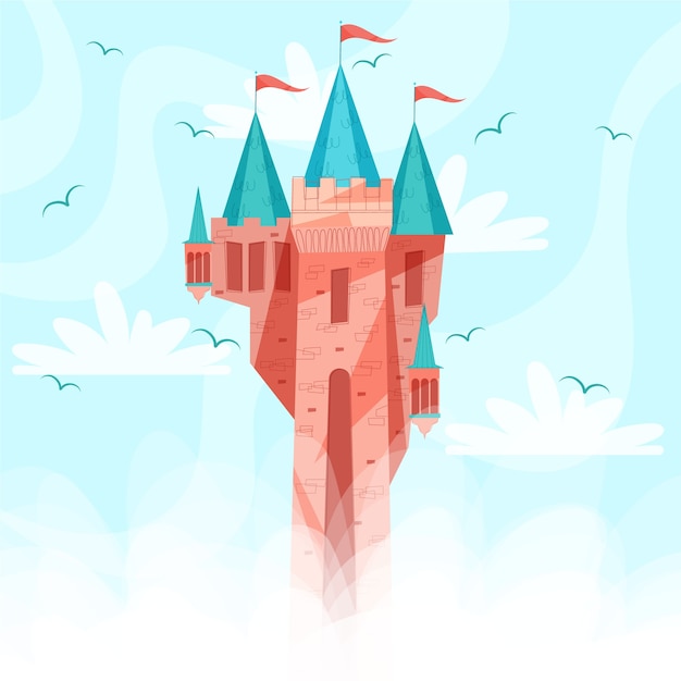 Free vector fairytale castle with flags and birds