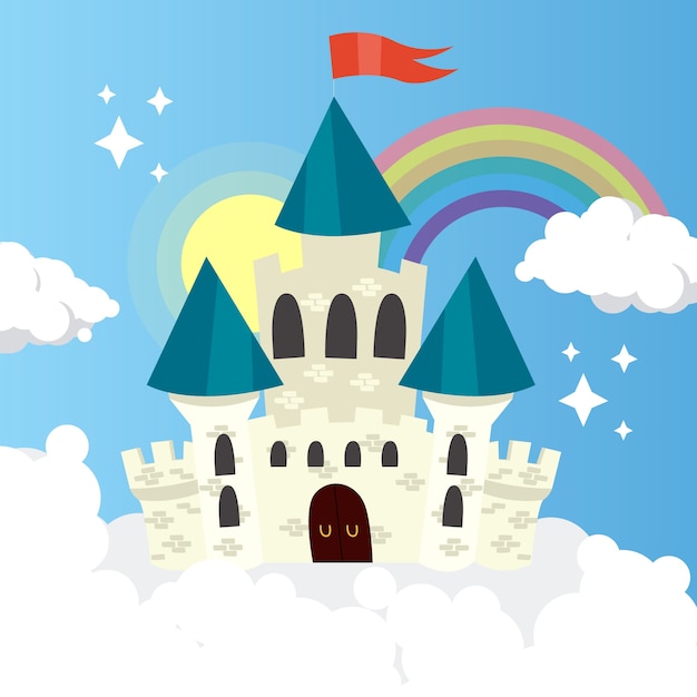 Fairytale castle with rainbow and clouds