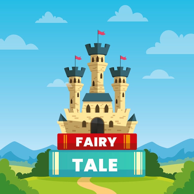 Free vector fairytale concept with castle on books