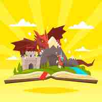 Free vector fairytale concept with castle and dragon
