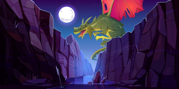 Vettore gratuito drago da favola che vola sopra il fiume nel canyon di notte