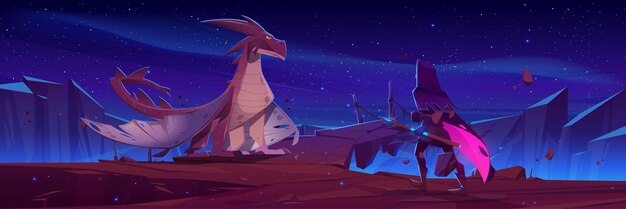 Fairytale dragon and knight with spear at night