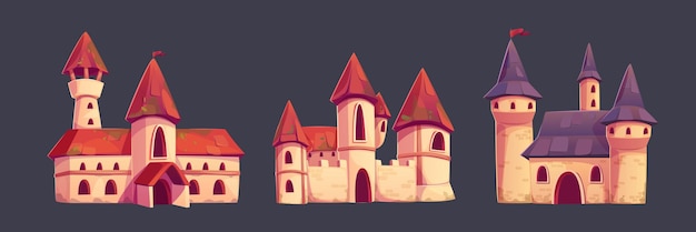 無料ベクター 童話の王国 中世の城 漫画のベクトルセット 汚い放棄された王宮 赤い屋根のコミック 孤立したクリパートコレクション 古代ゴシックの城の建物 旗を描くゲームデザイン