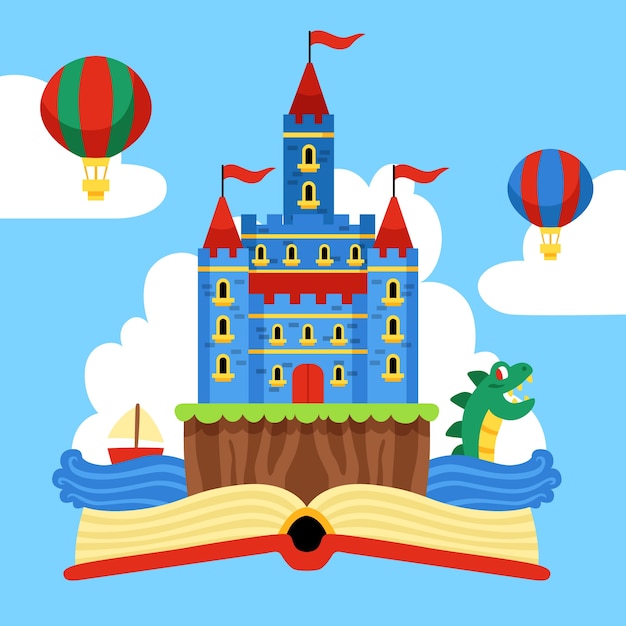 Fairytale magical castle and hot air balloons