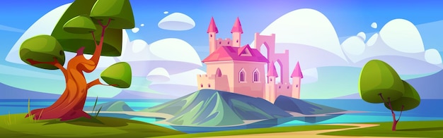 Free vector fairytale royal castle in meadow on island