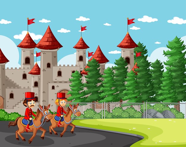 Fairytale scene with castle and soldier royal guard scene