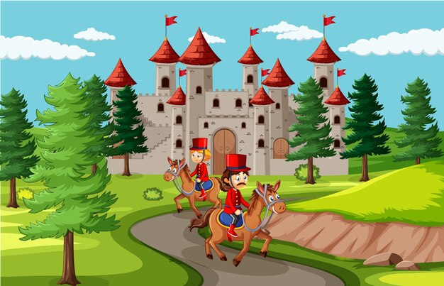 Fairytale scene with castle and soldier royal guard scene