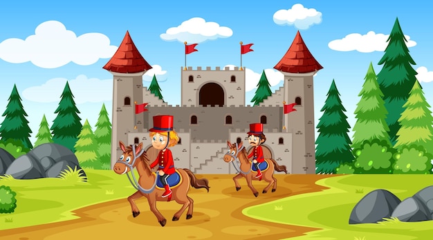 Fairytale scene with castle and soldier royal guard scene