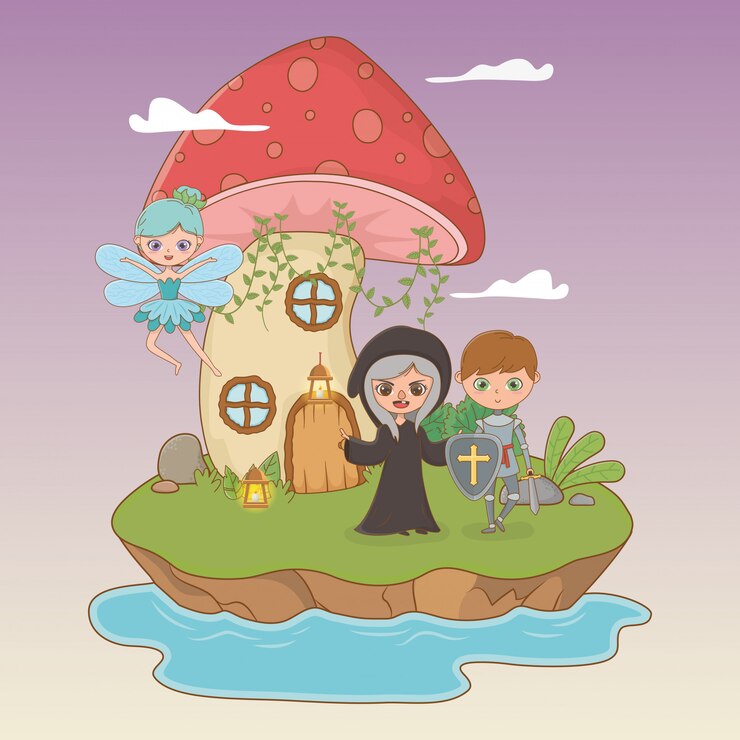 Free Vector fairytale scene with witch and warrior