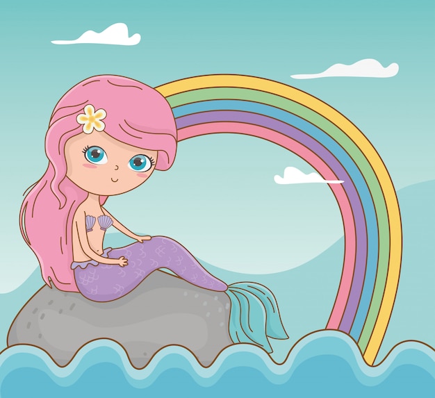 Fairytale seascape scene with mermaid and rainbow