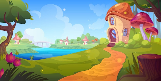 Бесплатное векторное изображение Сказочная деревня с грибными домиками на зеленой лесной поляне. векторная мультяшная иллюстрация тропинки, ведущей к фантастическим хижинам гномов с дверями и окнами, мост через речные облака в голубом небе