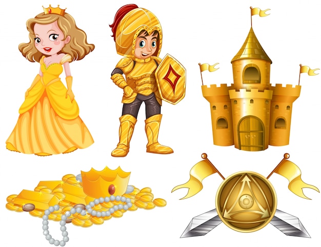 Free vector fairytales set with knight and princess illustration