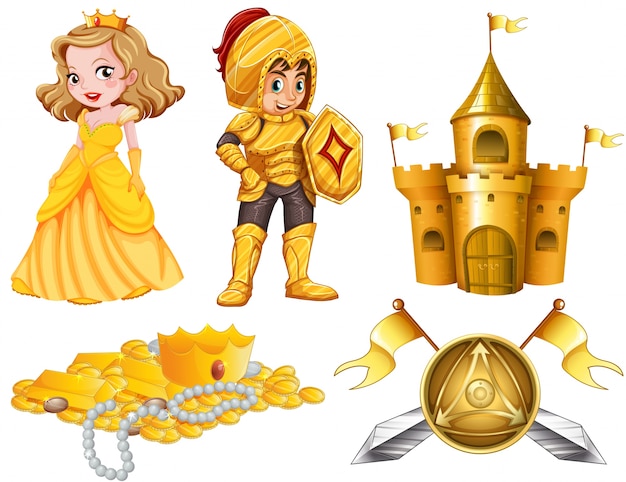 Fairytales set with knight and princess illustration