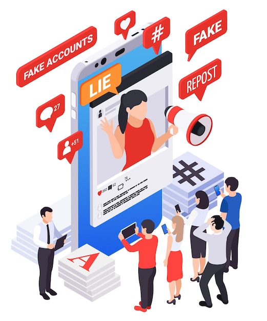 Free vector fake news disinformation propaganda isometric composition with human characters hashtags and smartphone with scam chat bubbles vector illustration
