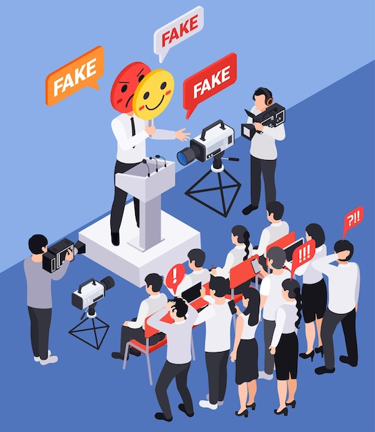 Fake news disinformation propaganda isometric composition with human characters thought bubbles and person speaking from tribune vector illustration