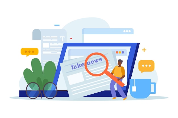 無料ベクター 偽情報オンラインベクトルイラストを読む文字を含むフェイクニュースフラット構成