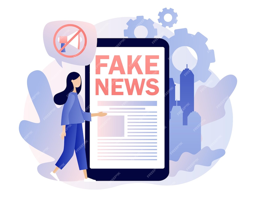 Premium Vector | Fake news metaphors tiny girl read news with mobile ...