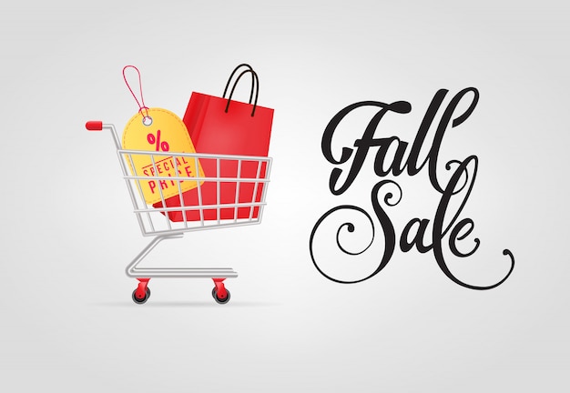 Fall sale lettering with shopping bag and tag in cart