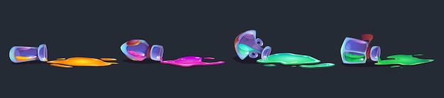 Free vector fallen glass tubes with spilled colored potions overturned bottles of witch or wizard glow magic elixir cartoon vector flask with puddle of spilt neon fantasy medicine or chemistry laboratory liquid