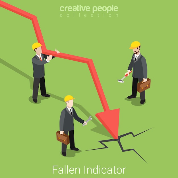 Free vector fallen indicator flat isometric business financial assets market stock exchange concept  businessmen helmets investigating failure place. creative people collection