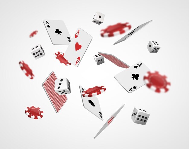 Falling aces poker chips and dice Casino game concept Isolated