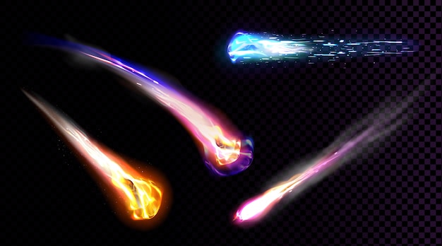 Free vector falling comets, asteroids or meteors with flame