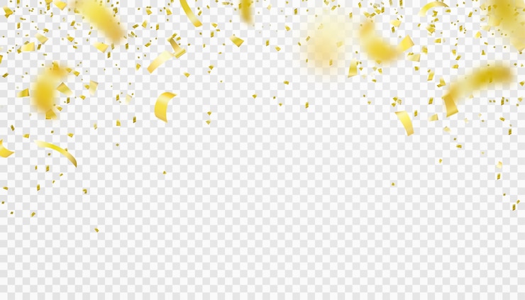 Falling confetti isolated border . Shiny gold flying tinsel decoration design. Blurred element.