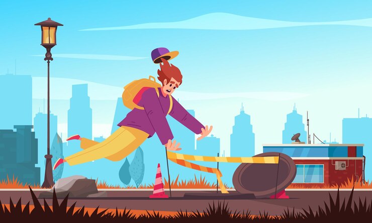 Free Vector falling people colored composition the guy tripped over the rock and falls into an open manhole in the road vector illustration