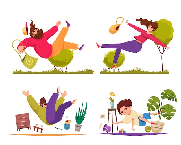 Free vector falling people composition mini scenes of people falling in different situations set vector illustration