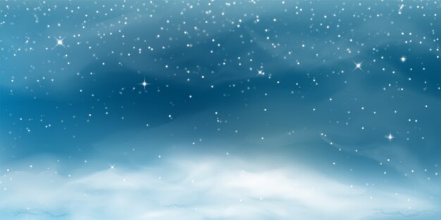 Падающий снег. Зимний пейзаж с холодным небом, метелью, снежинками, сугробом в реалистичном стиле.